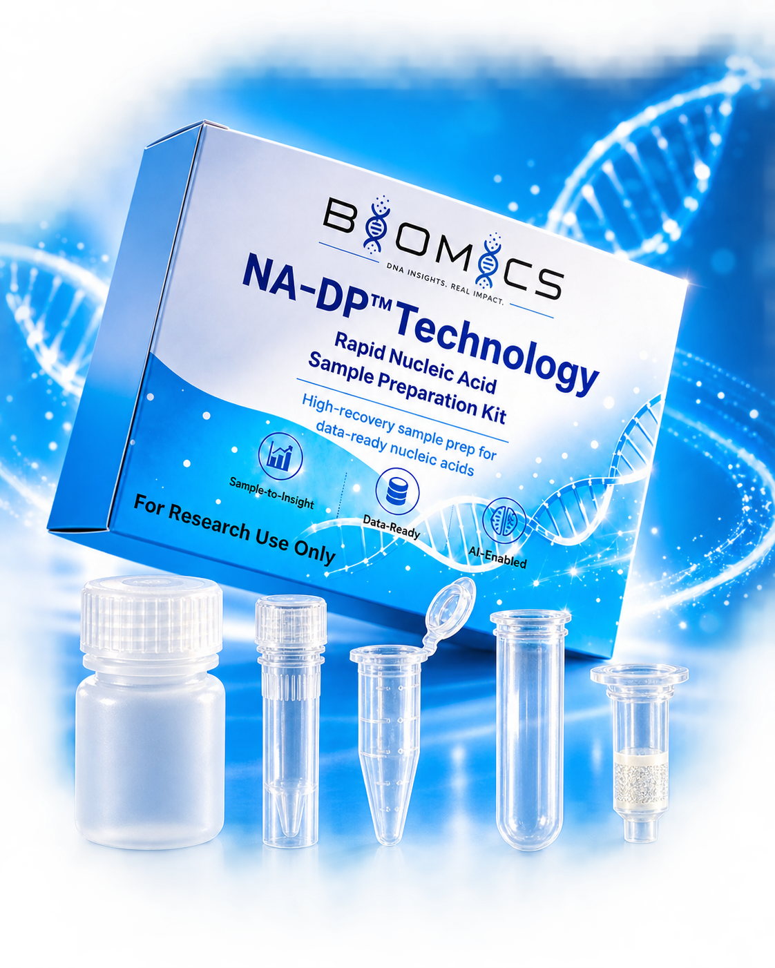 TachyNA™ 血浆游离核酸试剂盒包装盒，标注 Biomics NA-DP™ 技术与「仅供科研使用」
